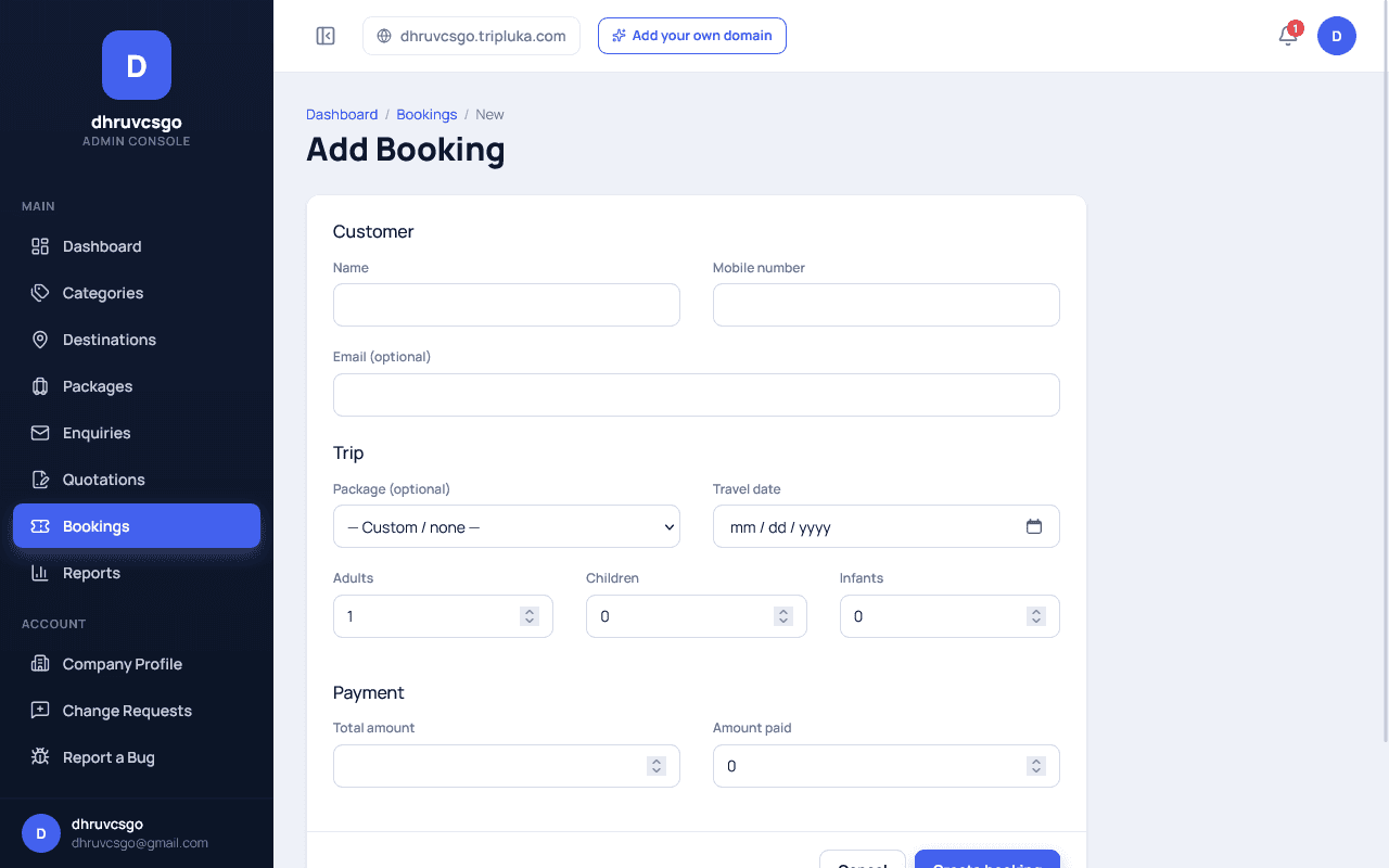 Tripluka admin Add Booking form with Customer Name and Mobile number fields, an optional Email field, a Trip section with Package dropdown set to "— Custom / none —", a Travel date field, Adults/Children/Infants counters, and a Payment section with Total amount and Amount paid fields
