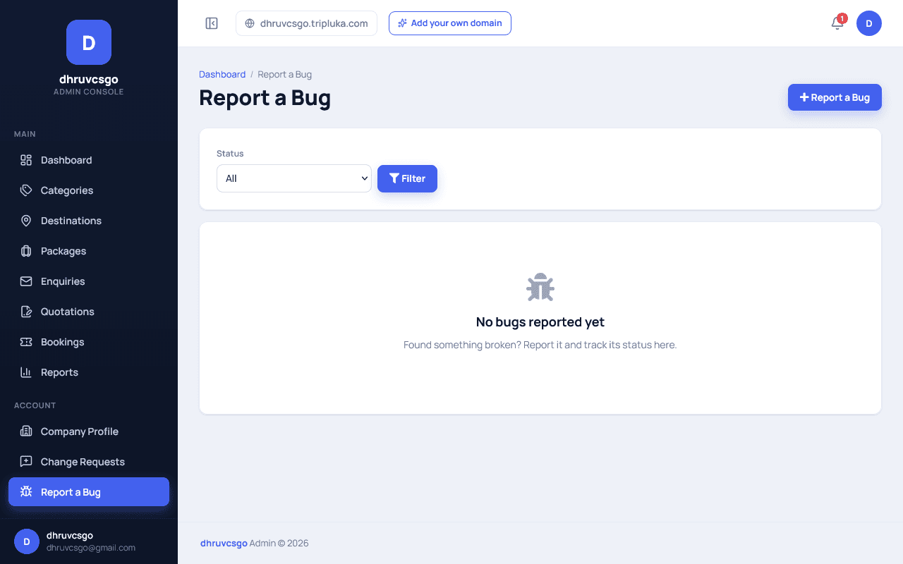 Tripluka admin Report a Bug page in its empty state, showing a status filter, a "Report a Bug" button, and a "No bugs reported yet" message inviting the user to report and track a bug’s status here