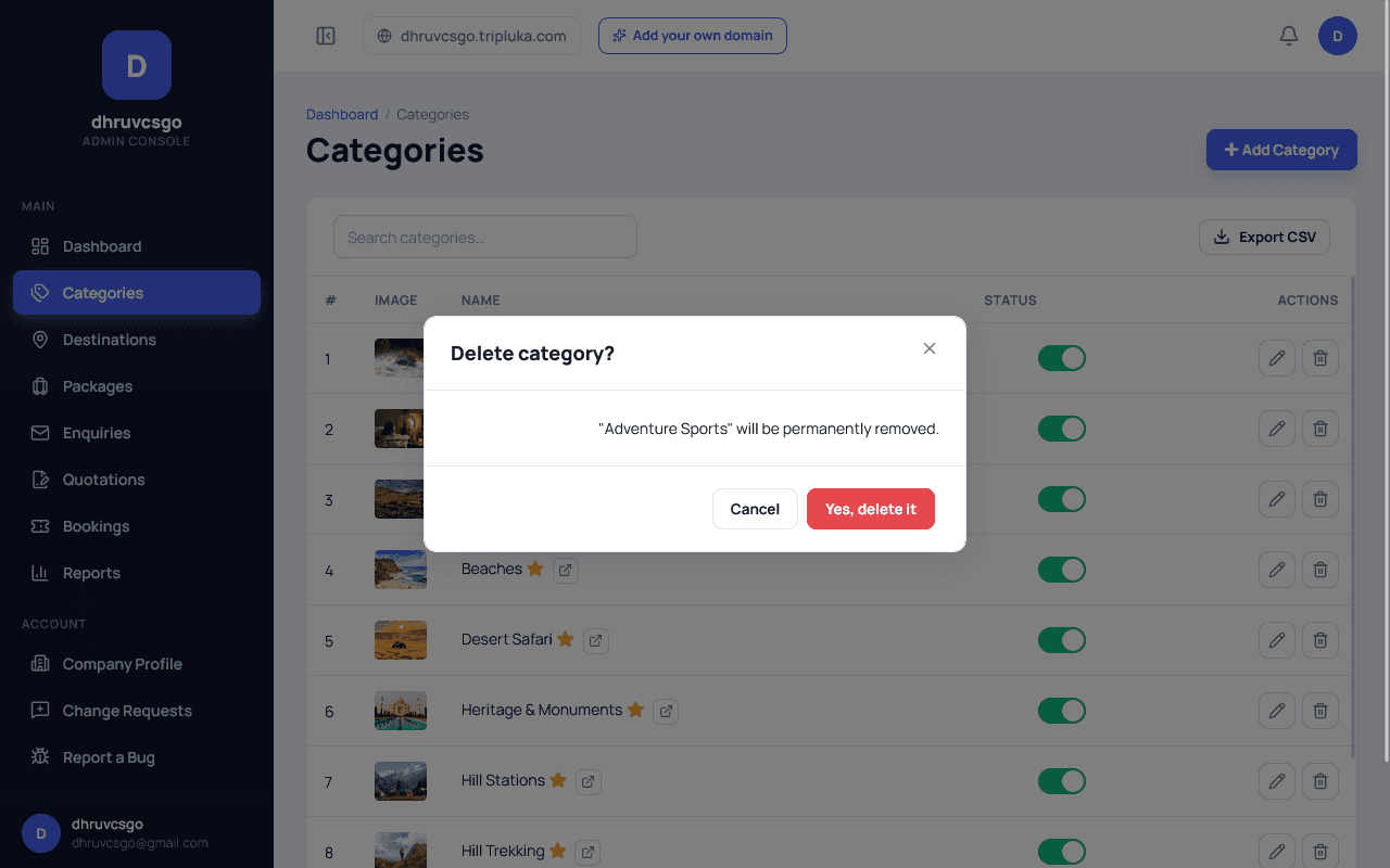 Delete category confirmation dialog in the Tripluka admin panel warning that "Adventure Sports" will be permanently removed, with Cancel and Yes, delete it buttons