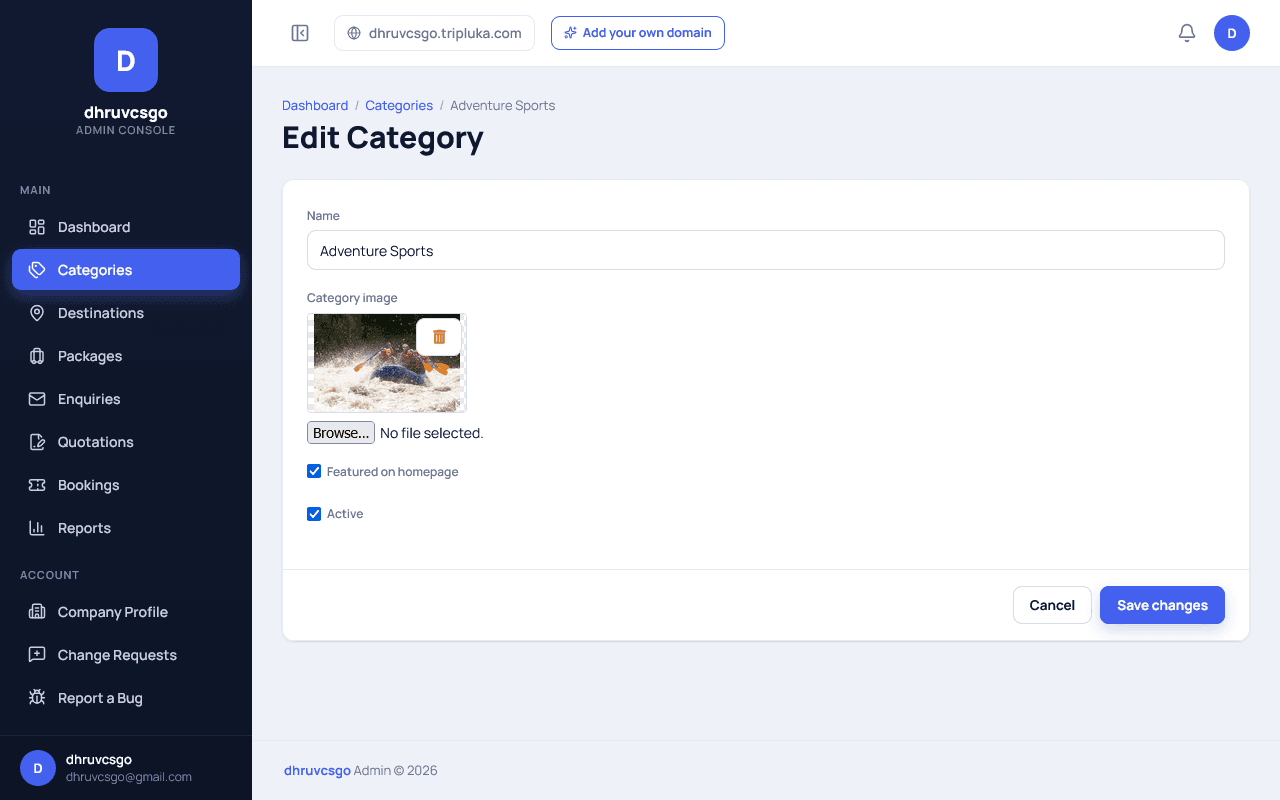 Edit Category form in the Tripluka admin panel with Name field, category image preview with a delete option, a Browse file picker, and Featured on homepage / Active checkboxes