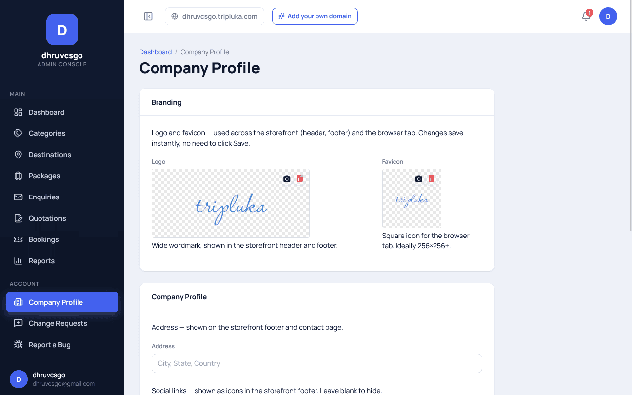 Tripluka admin Company Profile page Branding section with a wide wordmark Logo upload for the storefront header and footer, and a square Favicon upload for the browser tab, plus a Company Profile section with an Address field