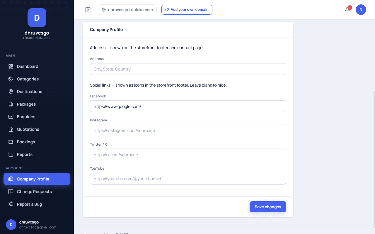 Tripluka admin Company Profile page showing an Address field, and Social links fields for Facebook, Instagram, Twitter/X and YouTube, each hidden from the storefront footer when left blank, with a Save changes button