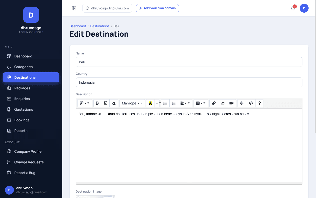 Tripluka admin Edit Destination form for Bali, showing Name field set to "Bali", Country field set to "Indonesia", and a rich-text Description editor with text about Ubud rice terraces and temples, then beach days in Seminyak
