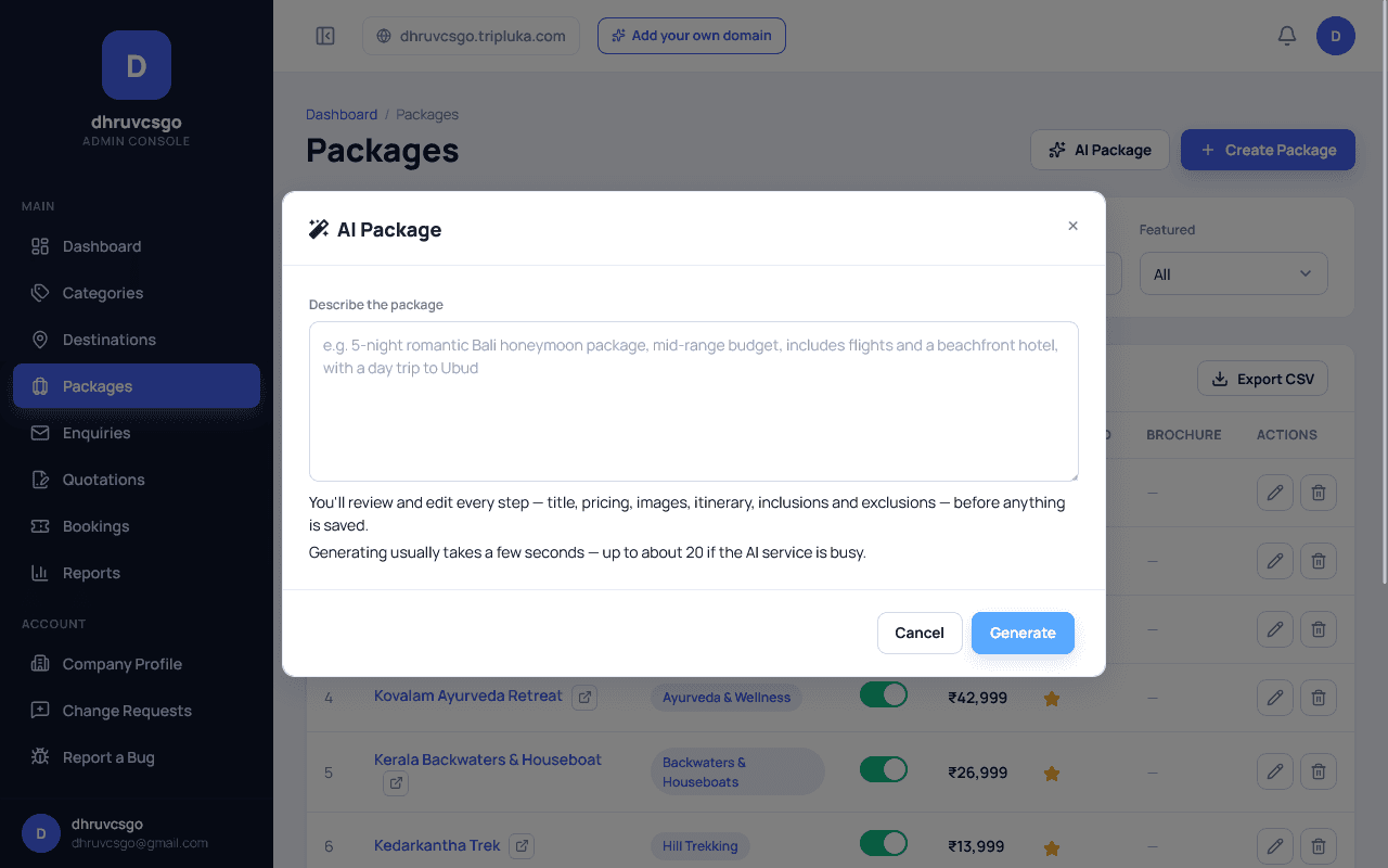 Tripluka admin AI Package modal with a "Describe the package" textarea, placeholder example text about a 5-night romantic Bali honeymoon package, and a note that generating usually takes a few seconds, up to about 20 if the AI service is busy