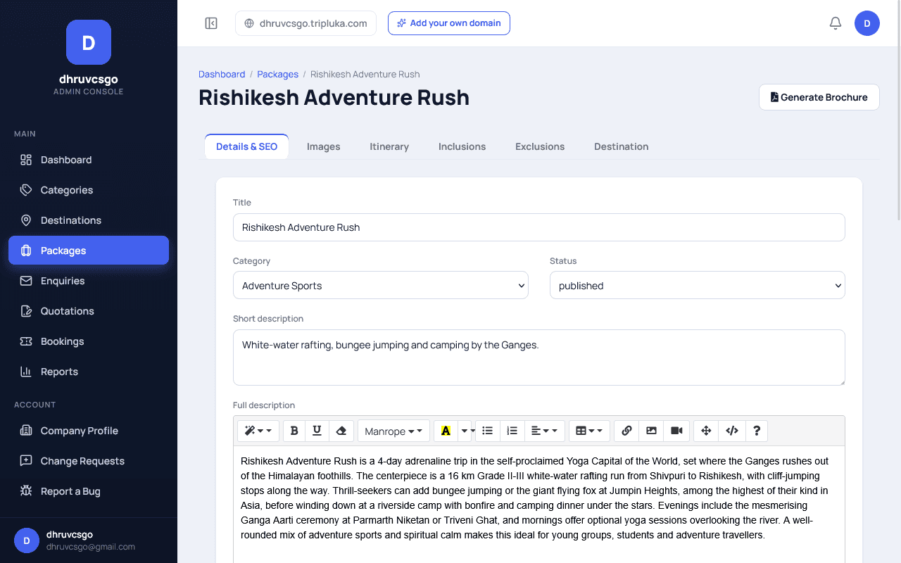 Tripluka admin package editor Details & SEO tab for "Rishikesh Adventure Rush" showing title, category dropdown set to Adventure Sports, status set to published, a short description field, and a rich-text full description editor