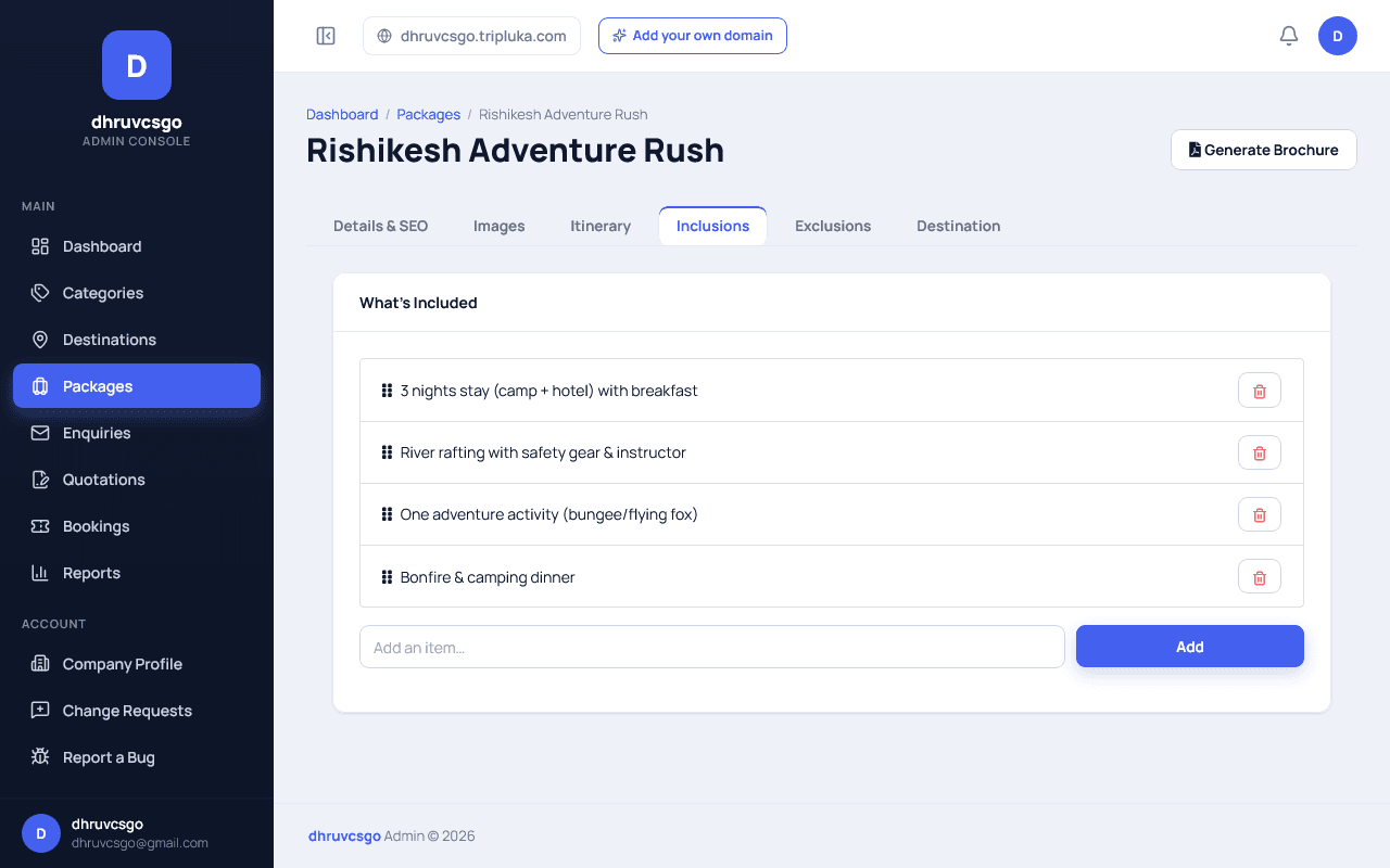 Tripluka admin package editor Inclusions tab listing "3 nights stay (camp + hotel) with breakfast", "River rafting with safety gear & instructor", "One adventure activity (bungee/flying fox)" and "Bonfire & camping dinner", each with a drag handle and delete button, plus an Add an item input