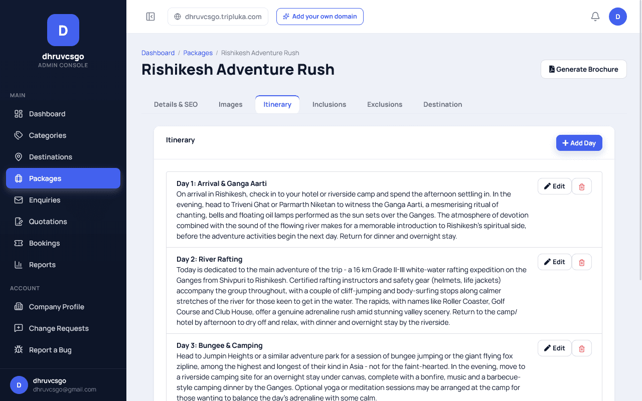 Tripluka admin package editor Itinerary tab for a 4-day trip showing Day 1 Arrival & Ganga Aarti, Day 2 River Rafting, and Day 3 Bungee & Camping, each with an editable title, description, and Edit/Delete buttons