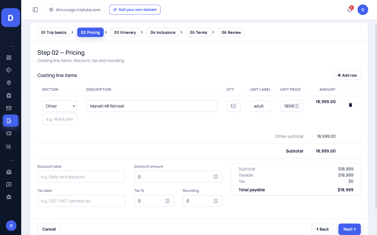 Tripluka New Quotation wizard Step 02 Pricing showing a costing line item "Manali Hill Retreat" at $18,999 per adult, an Other subtotal, discount and tax fields, and a Total payable of $18,999