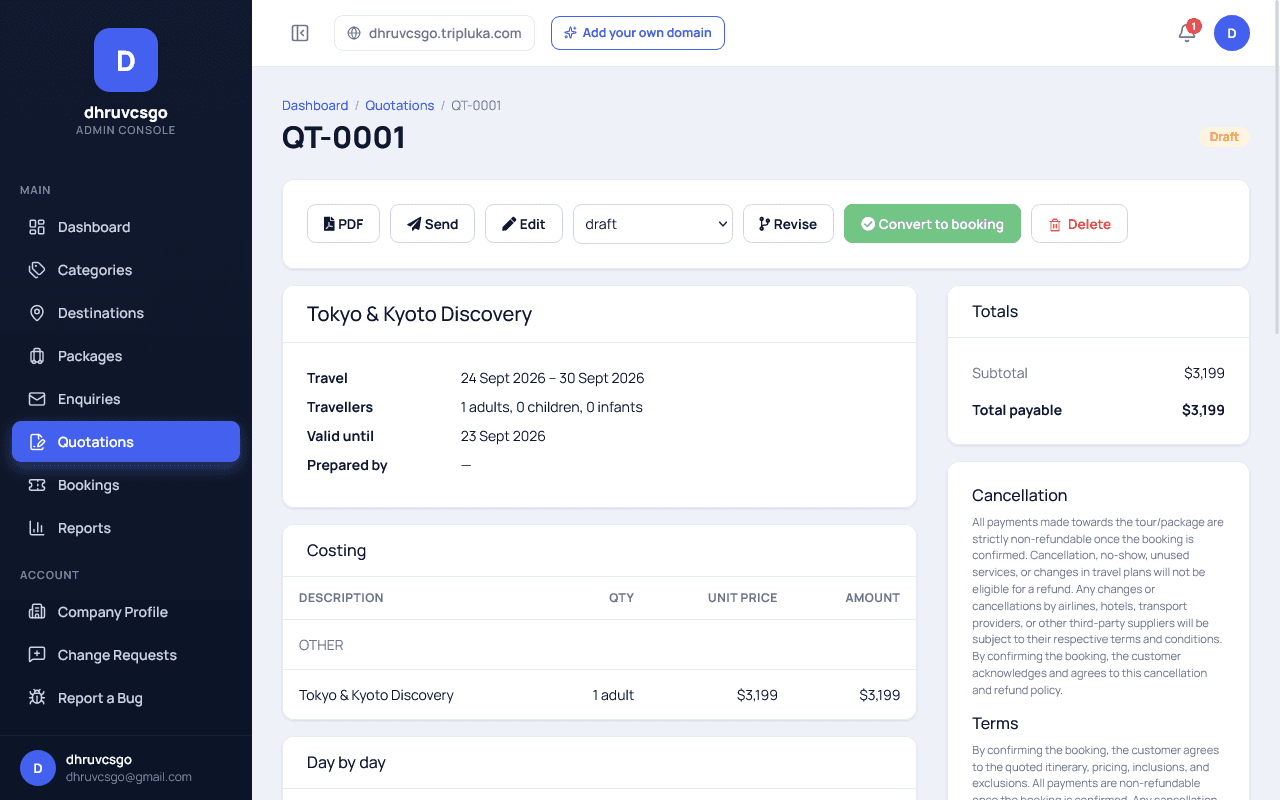 Tripluka quotation detail page for QT-0001 "Tokyo & Kyoto Discovery", marked Draft, with PDF, Send, Edit, a draft status dropdown, Revise, Convert to booking and Delete buttons, trip details, a Totals box showing Total payable $3,199, and Cancellation and Terms text