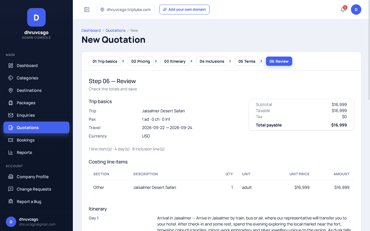 Tripluka New Quotation wizard Step 06 Review showing trip basics for Jaisalmer Desert Safari, a Subtotal/Taxable/Tax/Total payable summary box, the costing line items table, and the start of the day-by-day itinerary