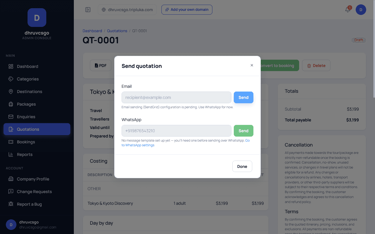 Tripluka Send quotation dialog for QT-0001 with an Email field and Send button, a note that email sending via SendGrid is pending so to use WhatsApp for now, and a WhatsApp field with its own Send button and a link to WhatsApp settings