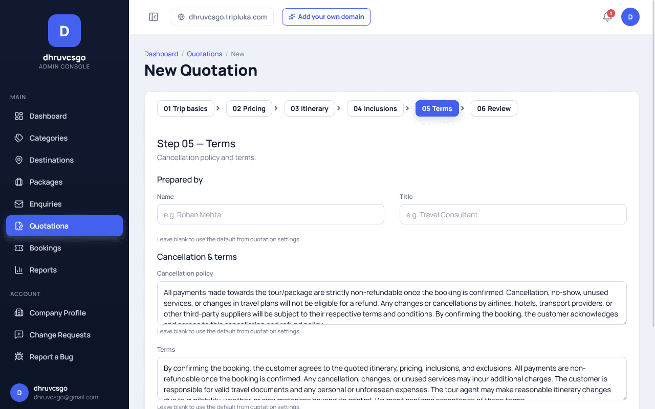 Tripluka New Quotation wizard Step 05 Terms with Prepared by Name and Title fields, and Cancellation policy and Terms textareas prefilled from Quotation Settings defaults, each noting they fall back to the default when left blank