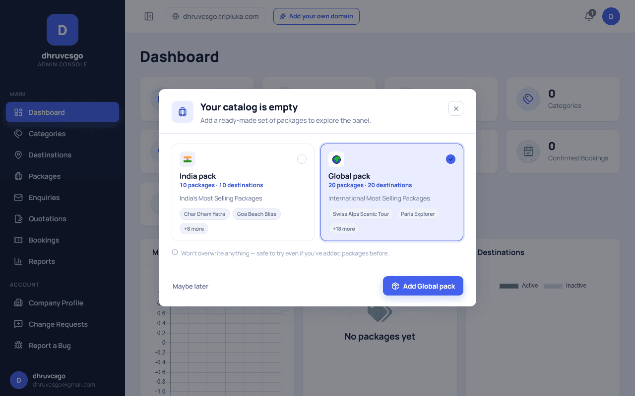 Tripluka admin dashboard "Your catalog is empty" popup offering an India pack (10 packages, 10 destinations) and a Global pack (20 packages, 20 destinations, selected), each with a preview of sample package names, and an "Add Global pack" button